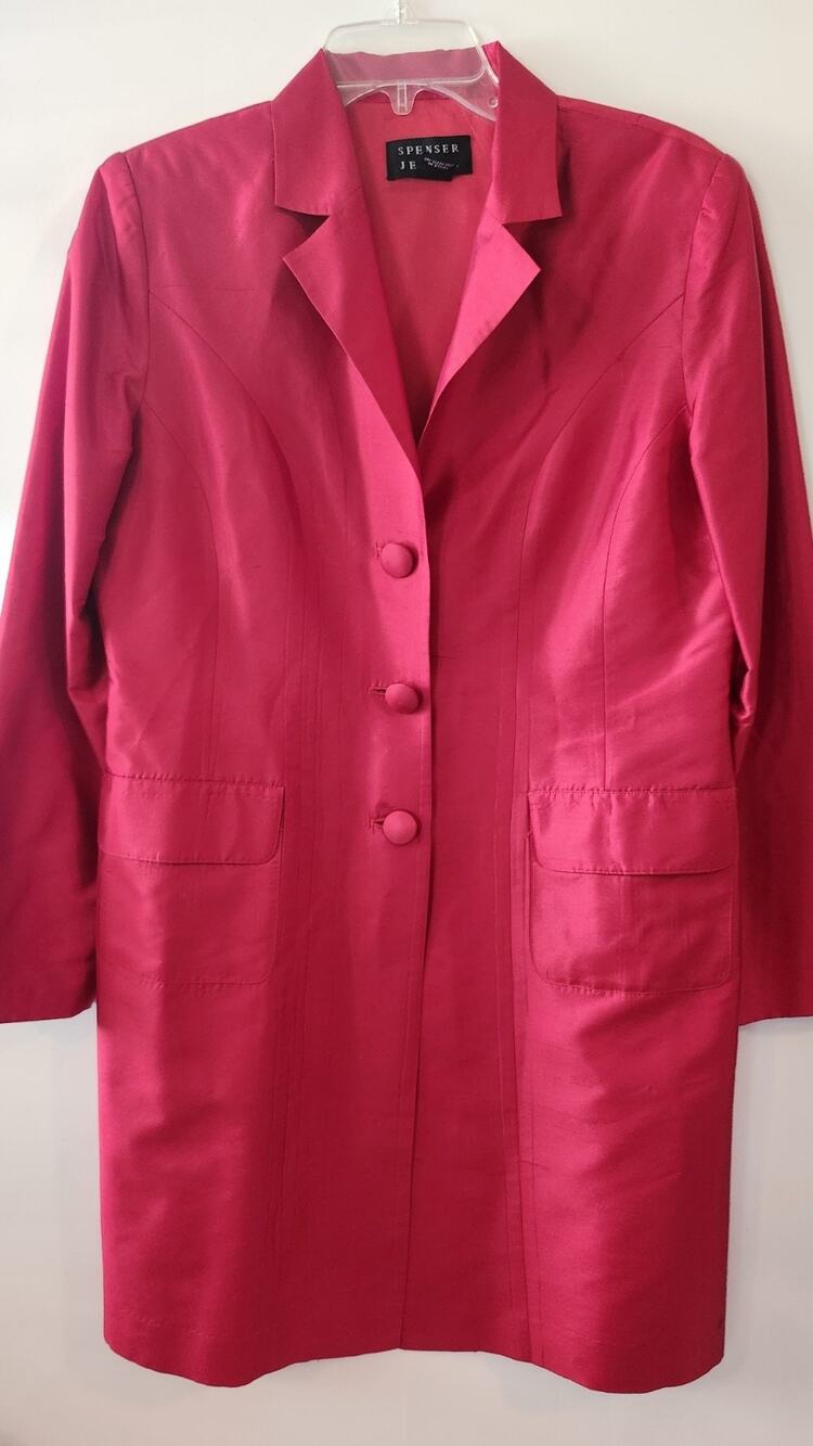 VTG Spenser Jeremy Fuchsia Sz 10 Long Blazer 100% Silk Satin Glossy Dress #252